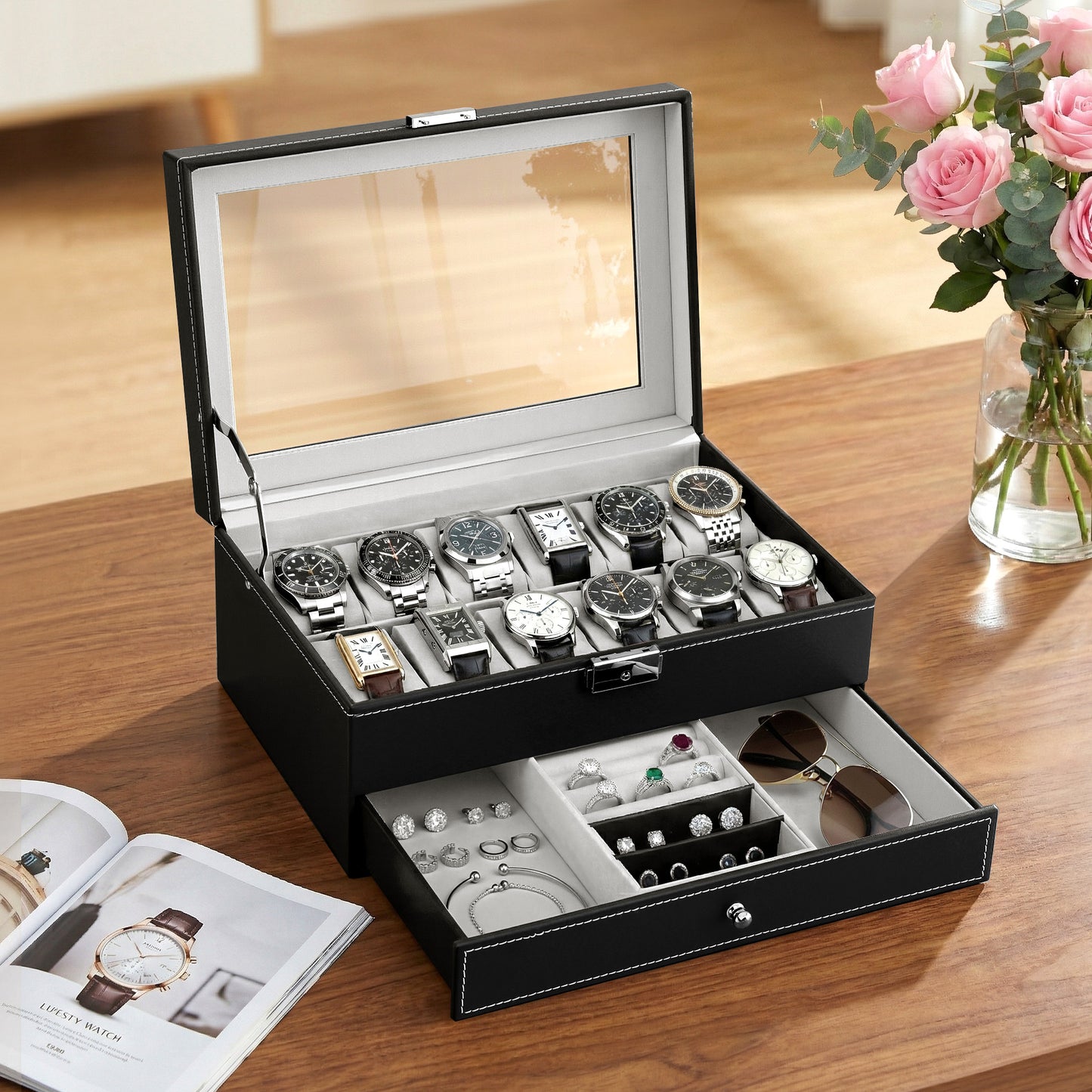 Watch and Jewelry Organizer – 12-Grid Display Case with Glass Top, Black Faux Leather
