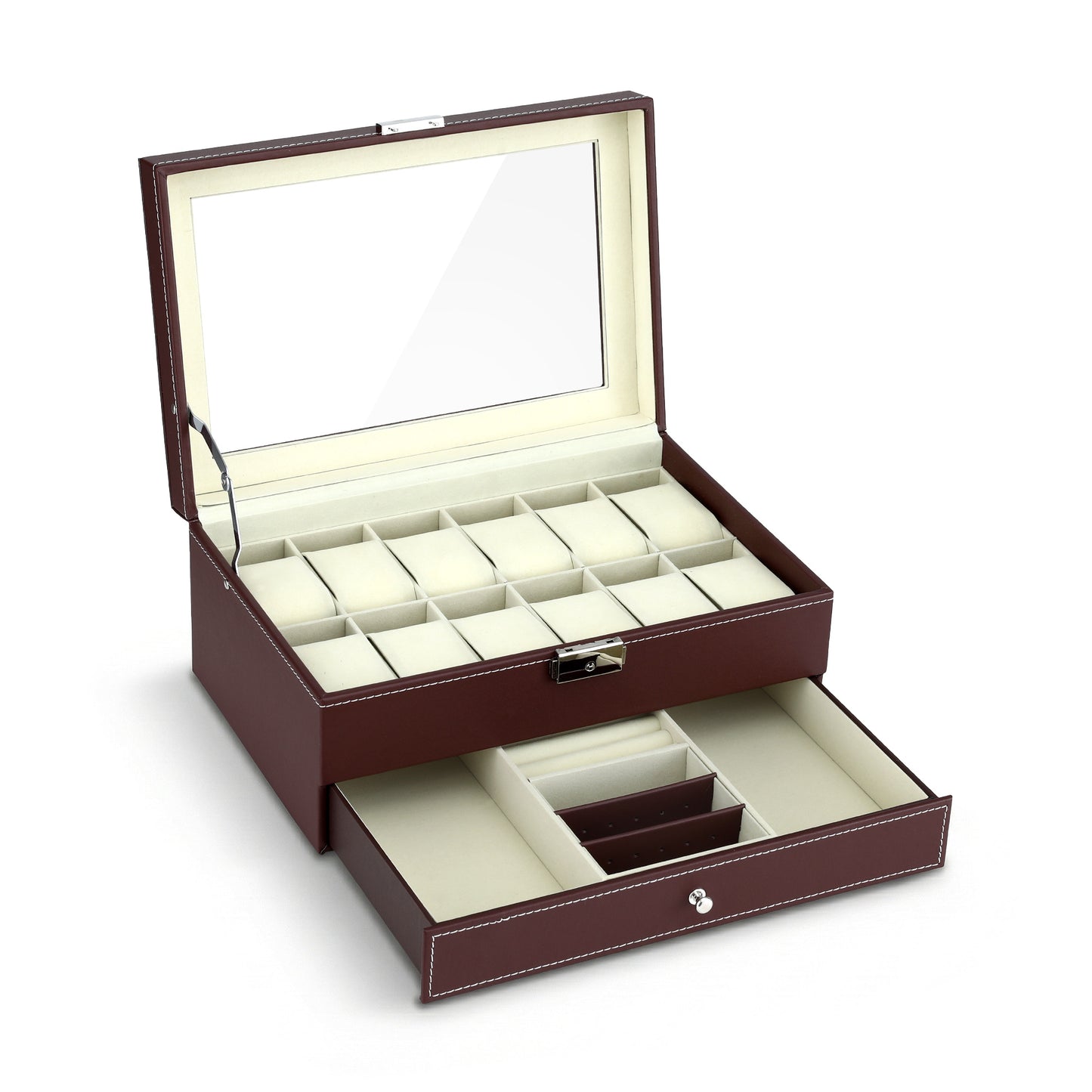 Watch Box Organizer – Two-Tier Display Case with Glass Top, Brown Faux Leather
