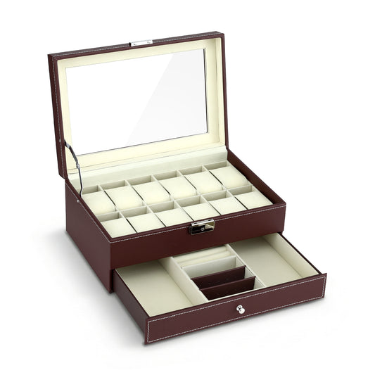 Watch Box Organizer – Two-Tier Display Case with Glass Top, Brown Faux Leather