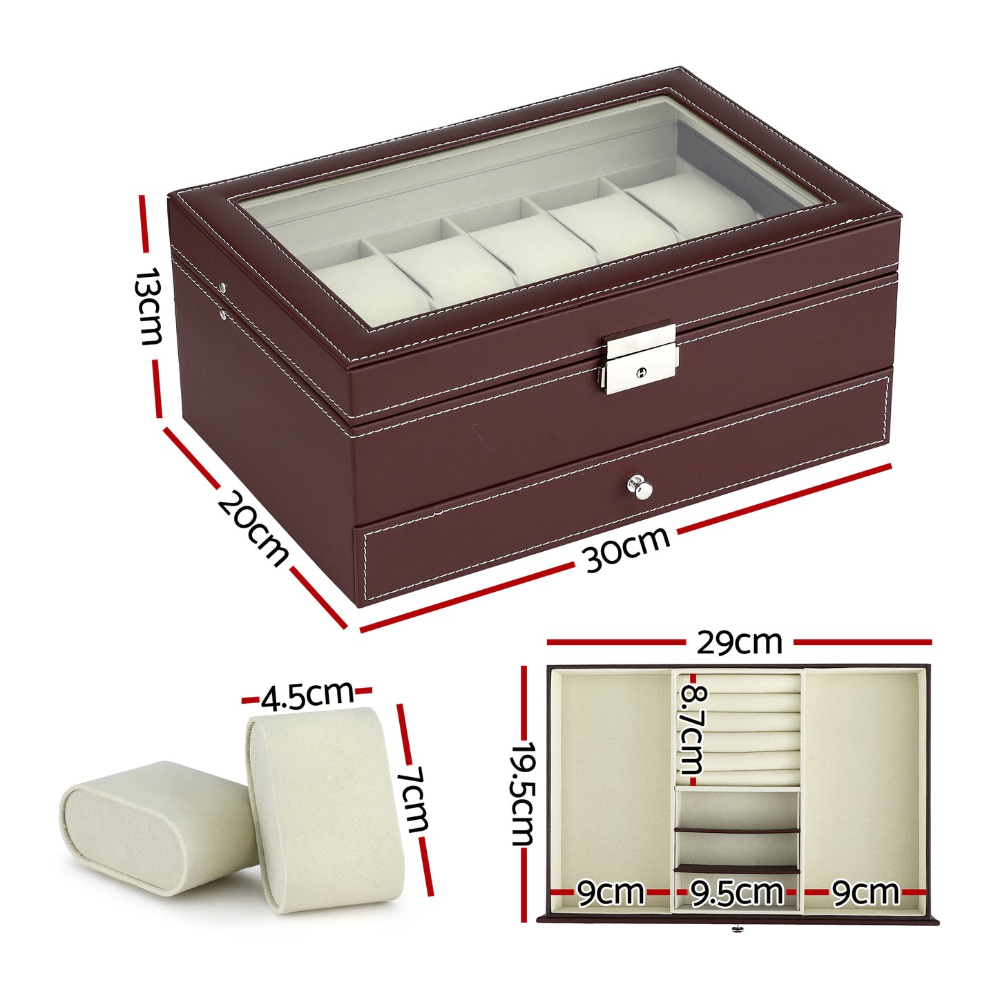 Watch Box Organizer – Two-Tier Display Case with Glass Top, Brown Faux Leather