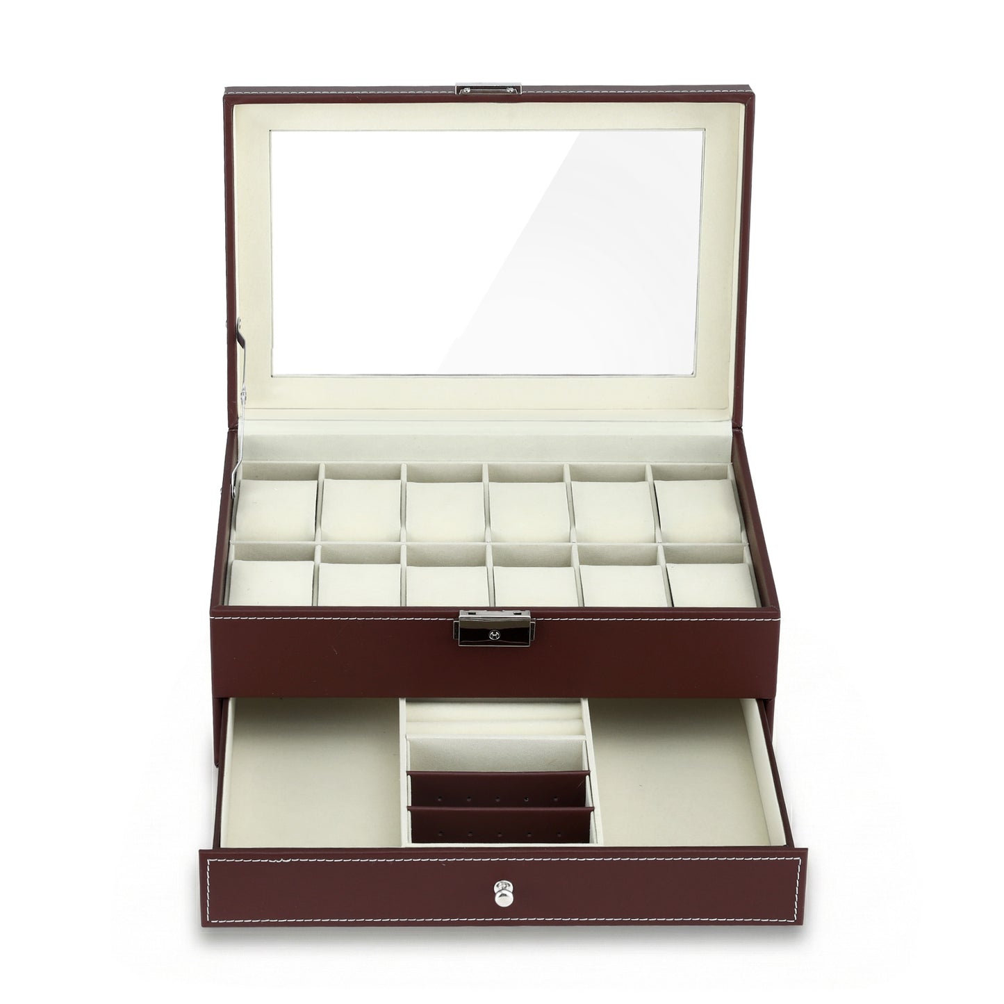 Watch Box Organizer – Two-Tier Display Case with Glass Top, Brown Faux Leather