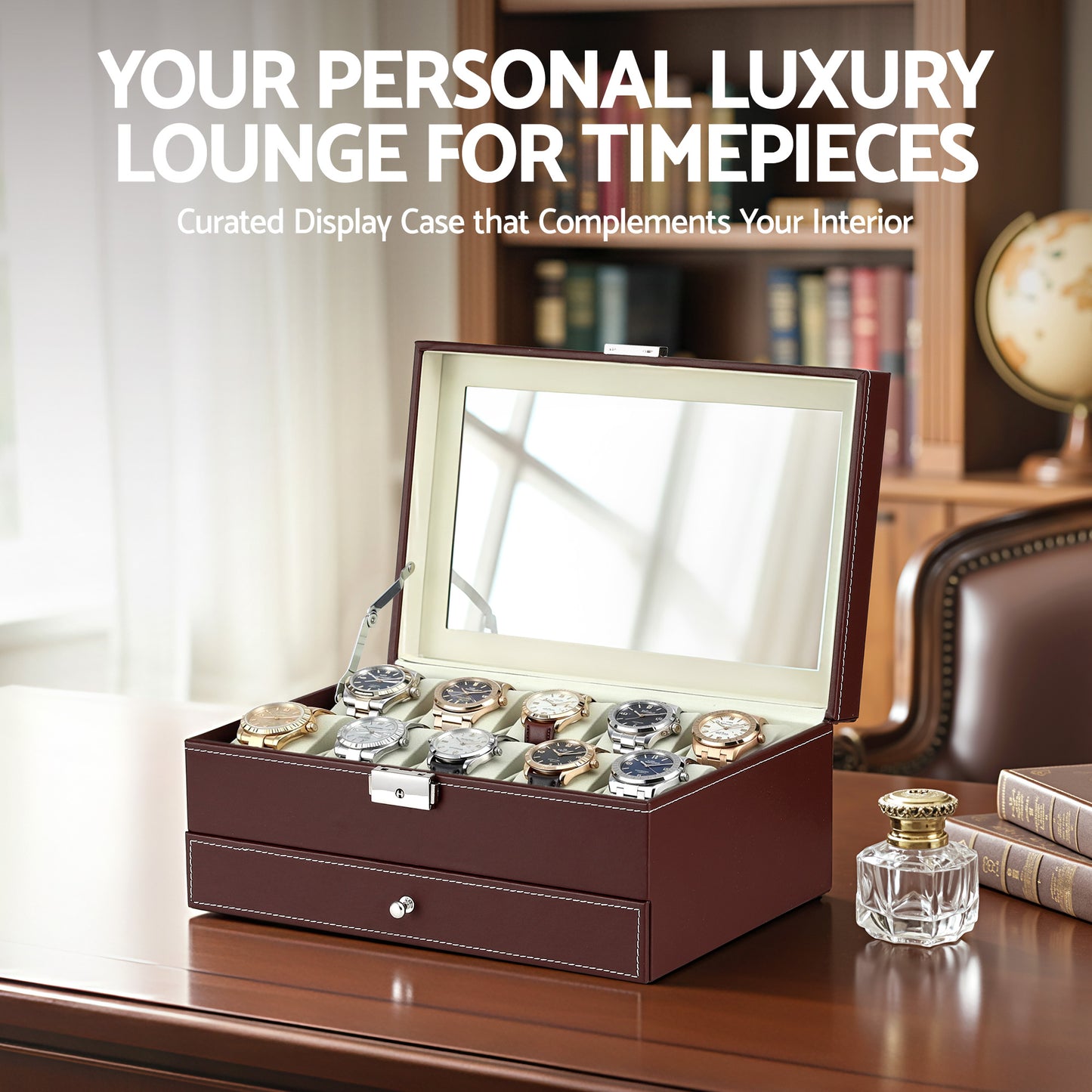 Watch Box Organizer – Two-Tier Display Case with Glass Top, Brown Faux Leather