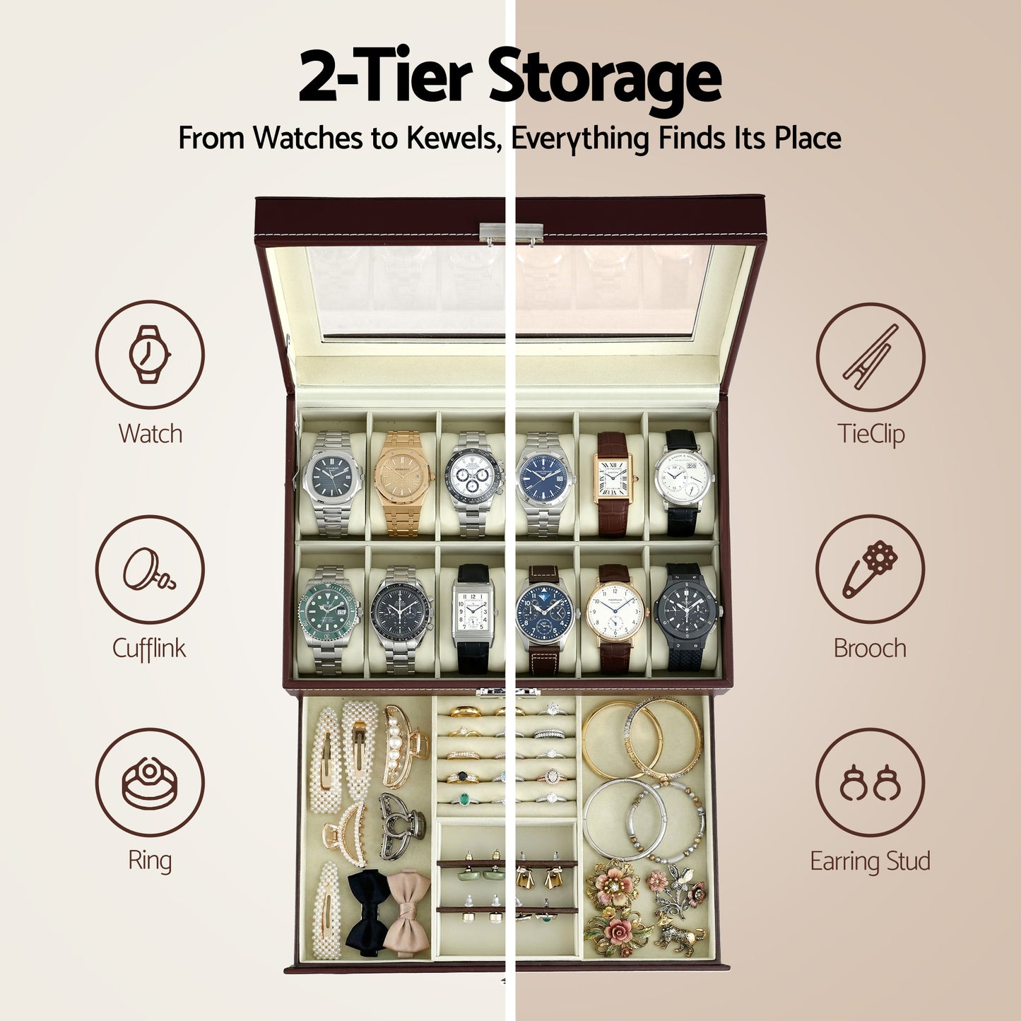 Watch Box Organizer – Two-Tier Display Case with Glass Top, Brown Faux Leather