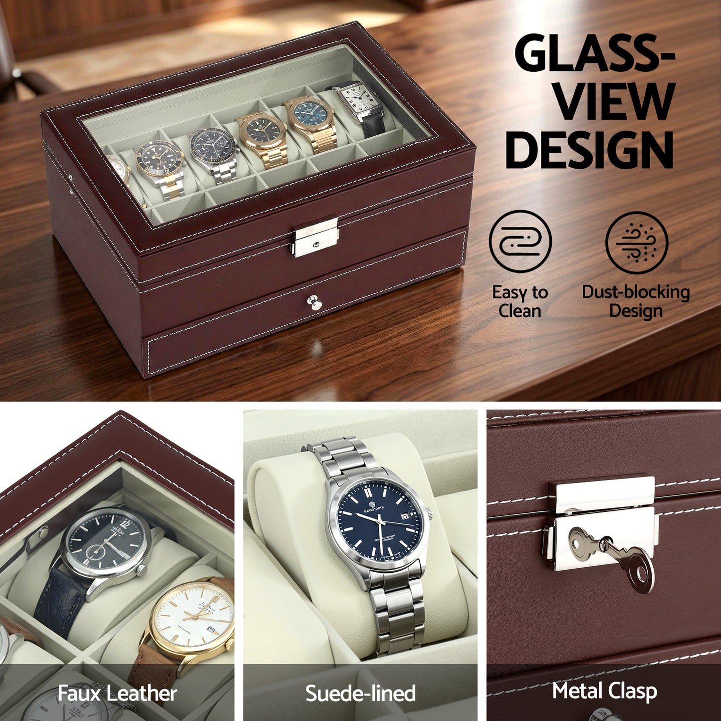 Watch Box Organizer – Two-Tier Display Case with Glass Top, Brown Faux Leather