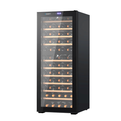Devanti dual zone wine fridge cooler in black with 80 bottle capacity, featuring compressor cooling and sleek appliance design.