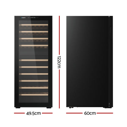 Devanti dual zone wine fridge cooler in black, holds 80 bottles, with glass door and digital temperature controls.