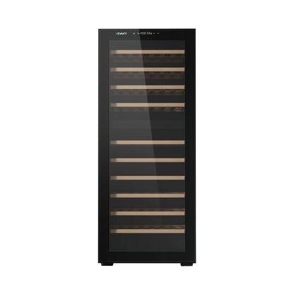 Devanti dual zone wine fridge cooler in black, holding 80 bottles with compressor cooling, ideal for wine storage.