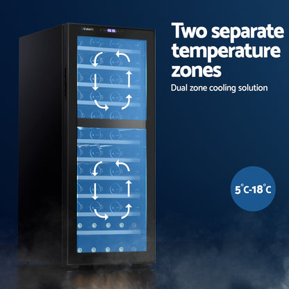 Devanti black dual zone wine fridge cooler with capacity for 80 bottles, featuring compressor cooling and modern design.