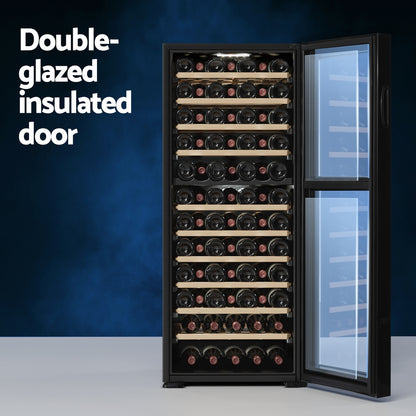 Devanti black dual zone wine fridge cooler with capacity for 80 bottles, compressor-based appliance for optimal wine storage.