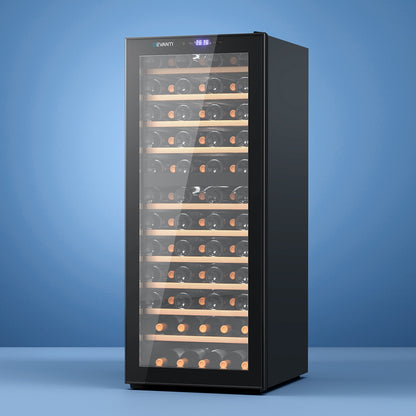 Devanti dual zone wine fridge cooler in black with 80 bottle capacity, compressor cooling, ideal for wine storage.