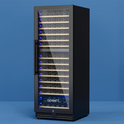 Devanti black dual-zone wine fridge cooler holds 154 bottles, featuring separate temperature zones and sleek appliance design.
