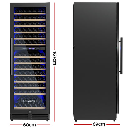 Devanti dual zone wine fridge cooler in black with capacity for 154 bottles, showing sleek exterior and digital temperature controls.