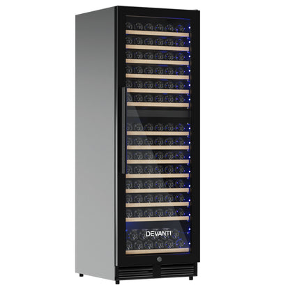 Devanti dual zone wine fridge cooler in black with capacity for 154 bottles, designed for optimal wine storage.