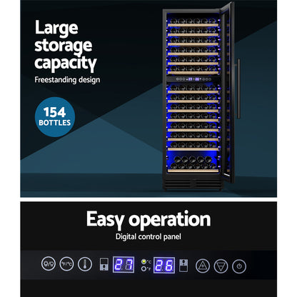 Devanti dual zone wine fridge cooler in black with capacity for 154 bottles, showing adjustable shelves and temperature controls.