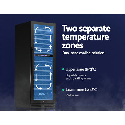 Devanti dual zone wine fridge cooler in black holding 154 bottles with digital display and sleek design.