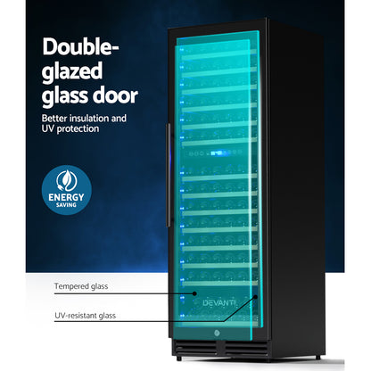 Devanti dual zone wine fridge cooler in black with 154 bottle capacity, showing interior shelves and digital control panel.
