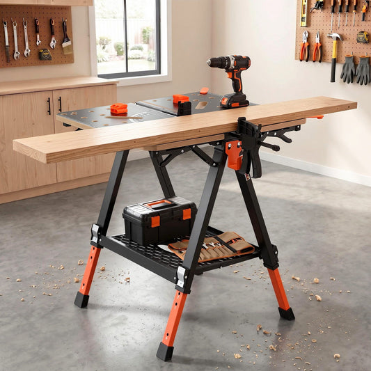 Portable Folding Work Table – Adjustable Height, Heavy-Duty Steel and MDF, 454kg Capacity