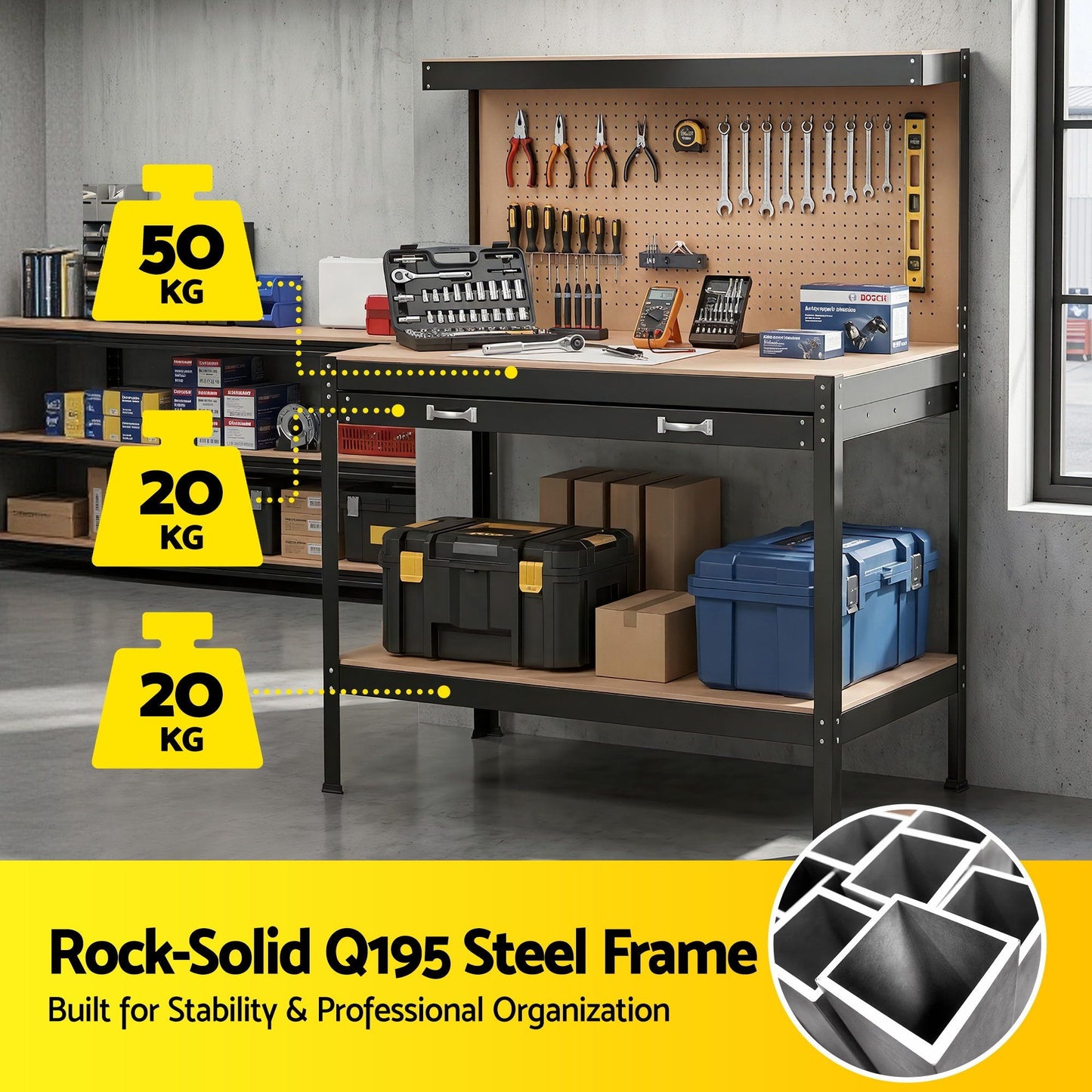 Giantz Workbench with Pegboard and Ultra-Wide 120cm Work Table for Garage DIY, 20 Hooks