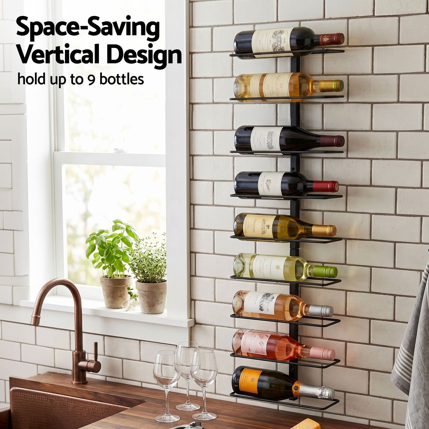 TWSC Wall Mounted Wine Rack 9 Bottles Display Storage Organizer Metal Black