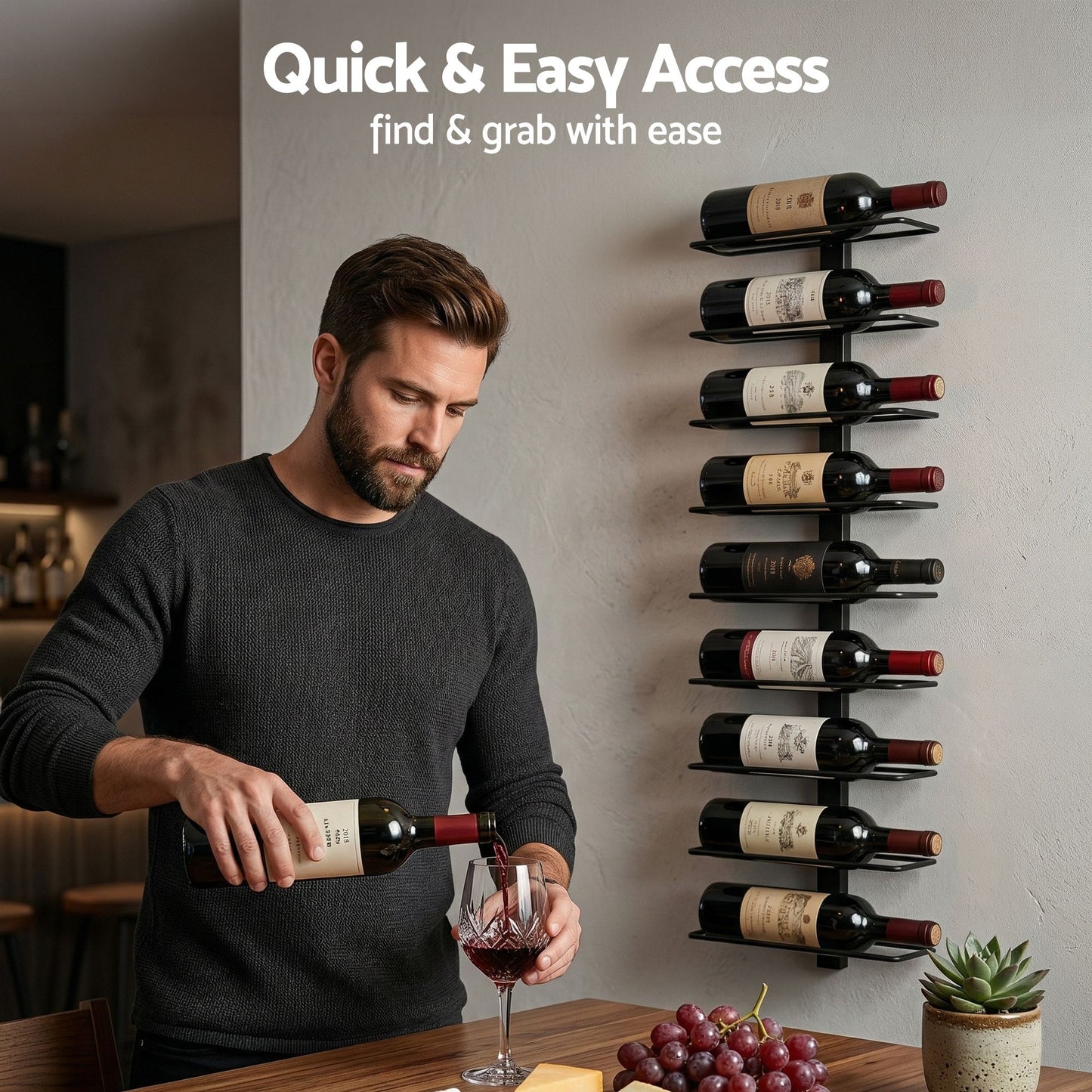 TWSC Wall Mounted Wine Rack 9 Bottles Display Storage Organizer Metal Black