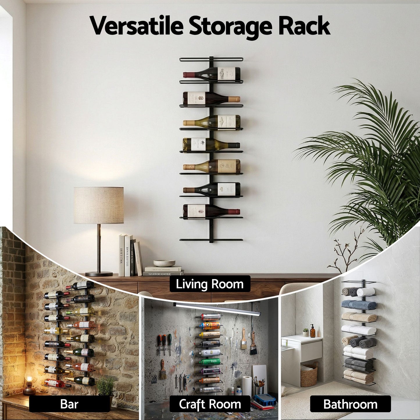 TWSC Wall Mounted Wine Rack 9 Bottles Display Storage Organizer Metal Black