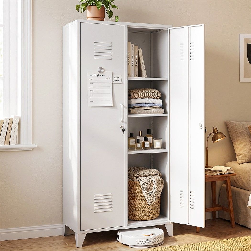 Artiss 2-Door Wardrobe Lockable Cabinet Storage Closet Hanging Rail Adjustable Shelves Cream White
