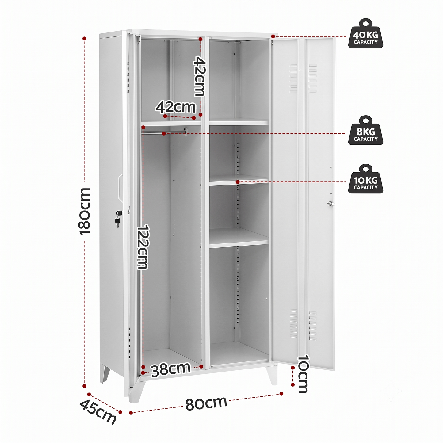 Artiss 2-Door Wardrobe Lockable Cabinet Storage Closet Hanging Rail Adjustable Shelves Cream White