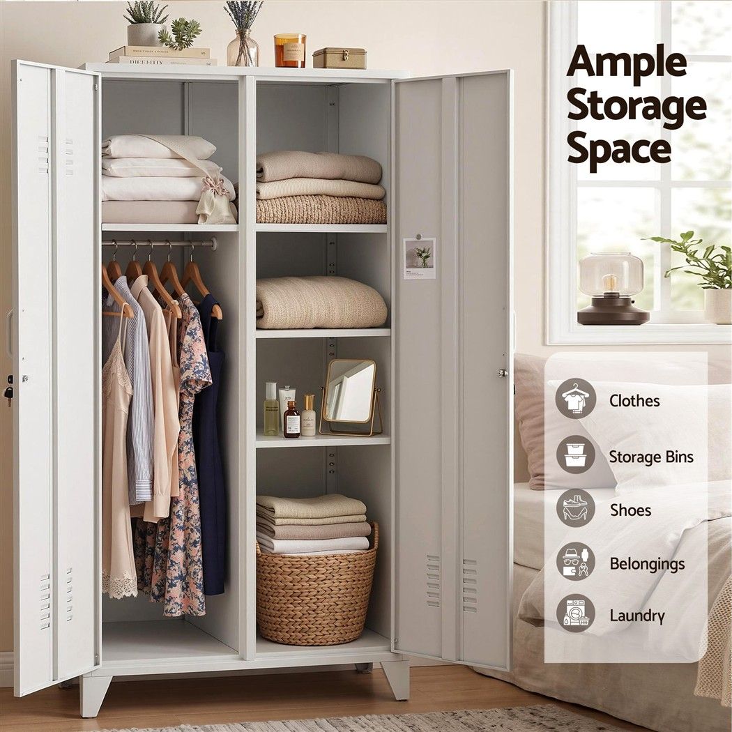 Artiss 2-Door Wardrobe Lockable Cabinet Storage Closet Hanging Rail Adjustable Shelves Cream White