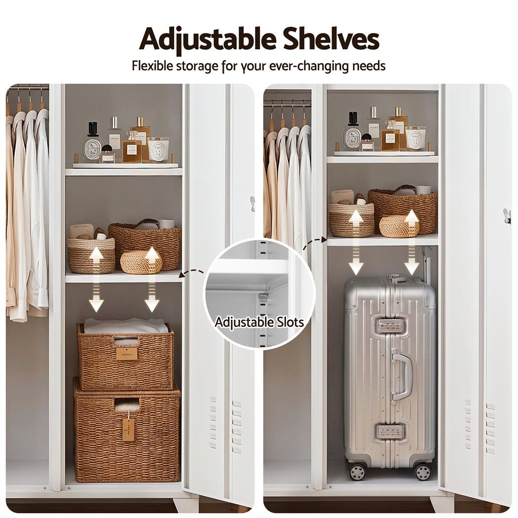 Artiss 2-Door Wardrobe Lockable Cabinet Storage Closet Hanging Rail Adjustable Shelves Cream White