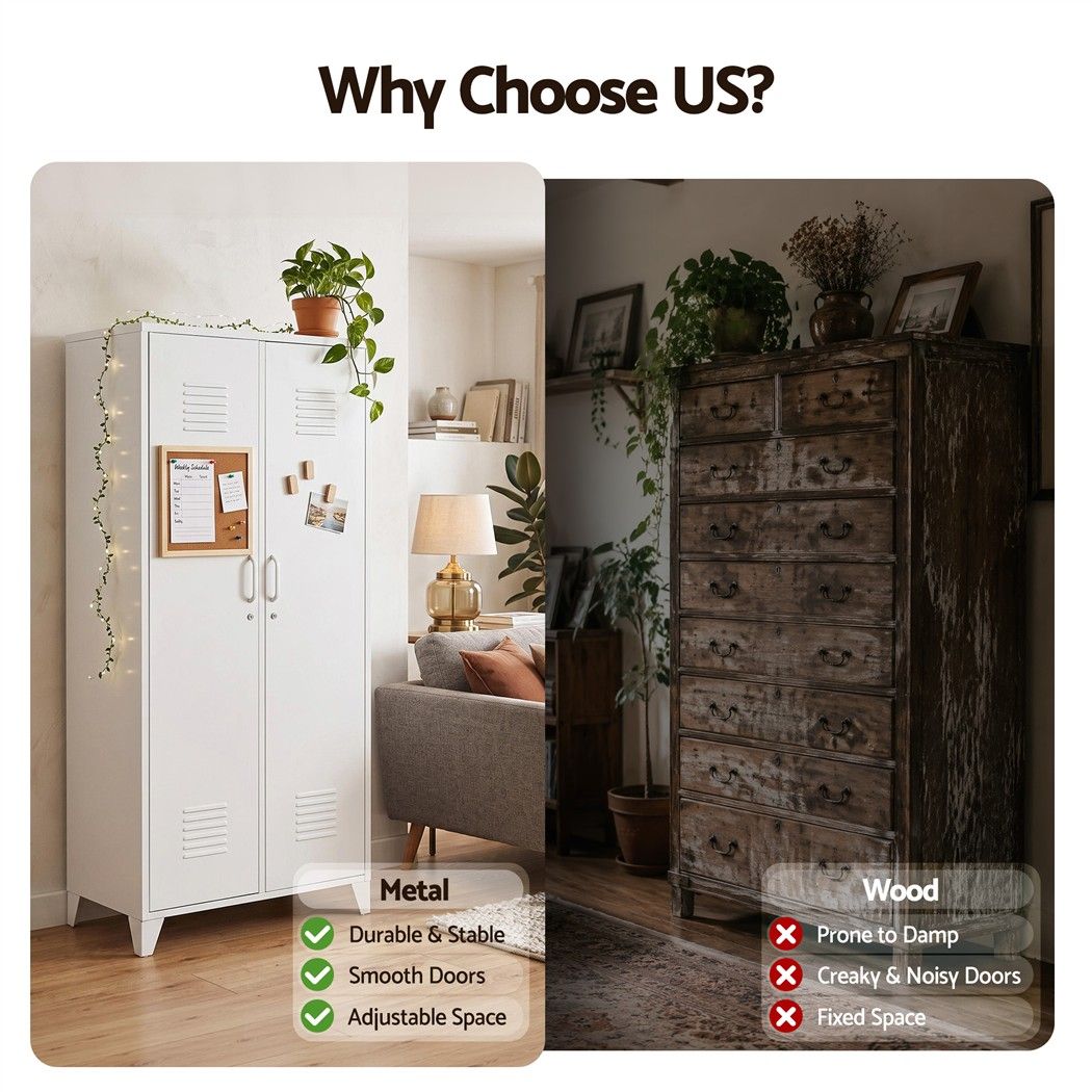 Artiss 2-Door Wardrobe Lockable Cabinet Storage Closet Hanging Rail Adjustable Shelves Cream White