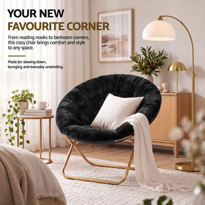 Cozy Folding Faux Fur Saucer Chair – Black