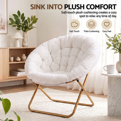 Cozy Folding Faux Fur Saucer Chair – White