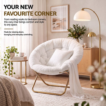 Cozy Folding Faux Fur Saucer Chair – White