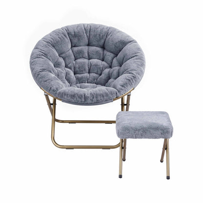 Artiss Comfy Saucer Chair Soft Faux Fur Foldable Accent Chair with Ottoman Grey