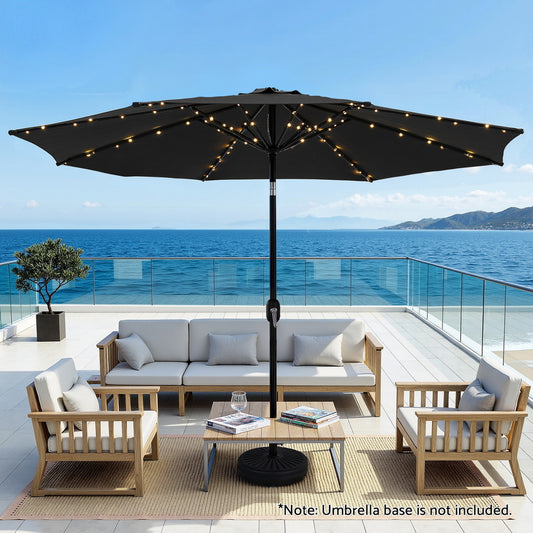Outdoor Umbrella with LED String Lights – 2.9m Black Polyester Canopy, Tilt & Crank