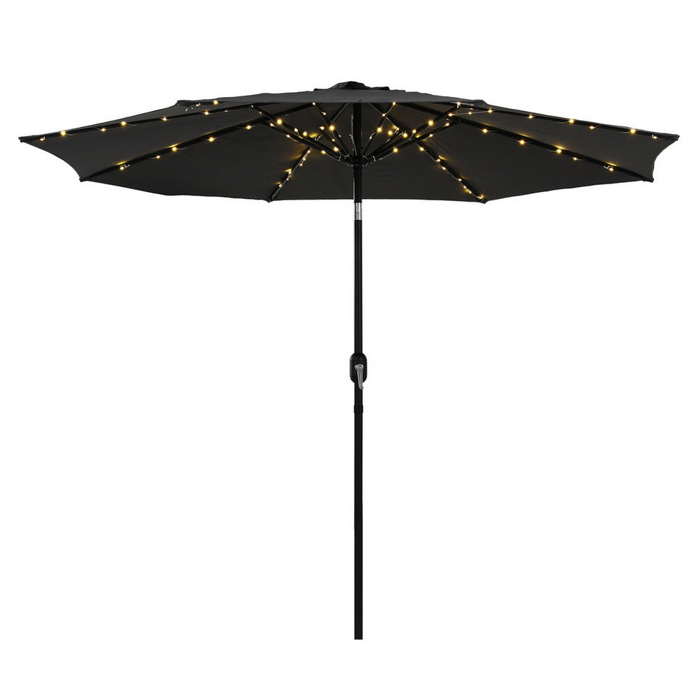 Outdoor Umbrella with LED String Lights – 2.9m Black Polyester Canopy, Tilt & Crank