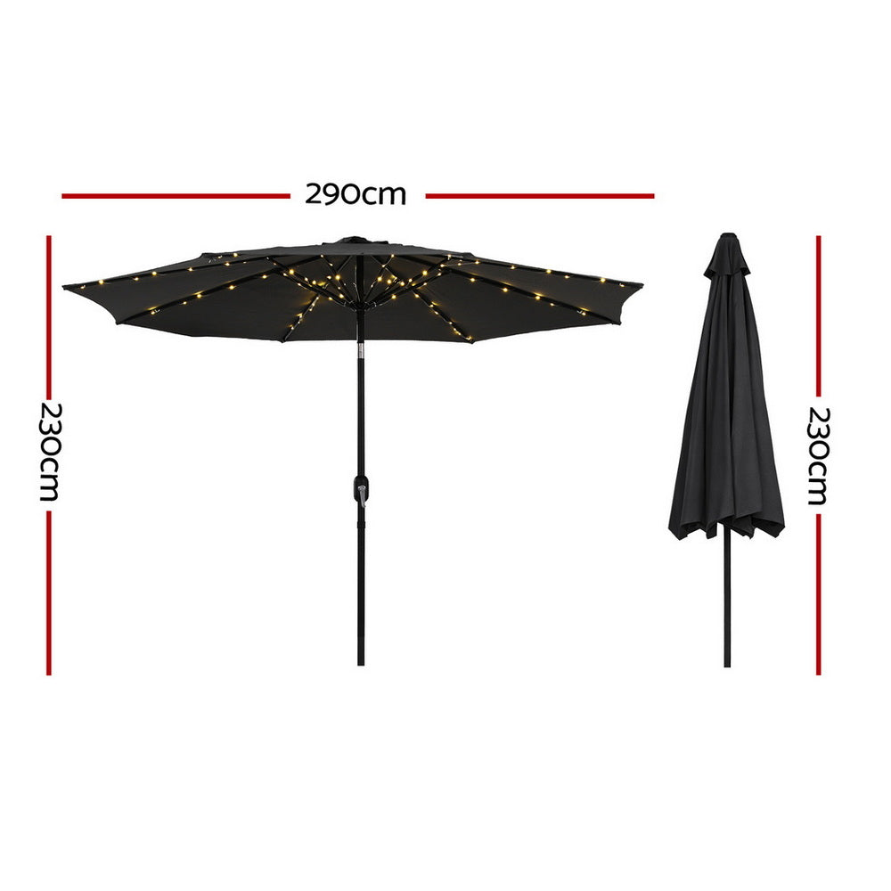 Outdoor Umbrella with LED String Lights – 2.9m Black Polyester Canopy, Tilt & Crank