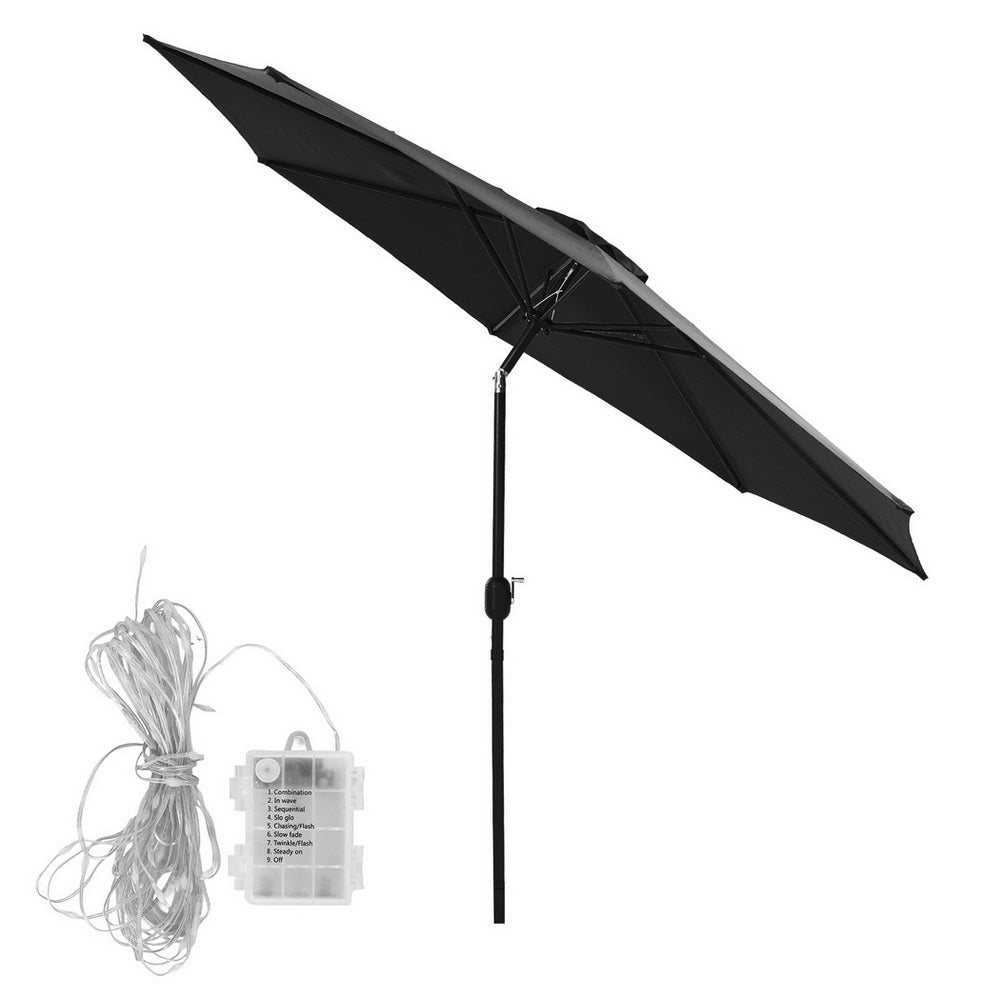 Outdoor Umbrella with LED String Lights – 2.9m Black Polyester Canopy, Tilt & Crank