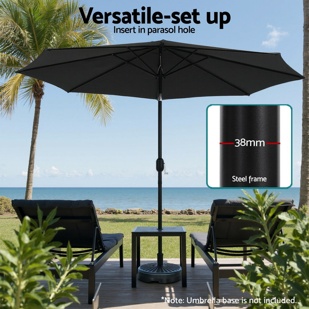 Outdoor Umbrella with LED String Lights – 2.9m Black Polyester Canopy, Tilt & Crank
