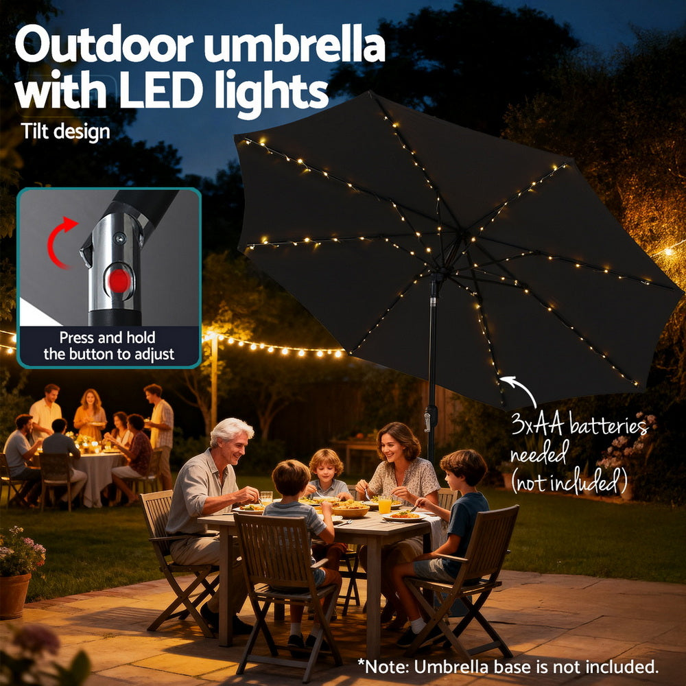 Outdoor Umbrella with LED String Lights – 2.9m Black Polyester Canopy, Tilt & Crank