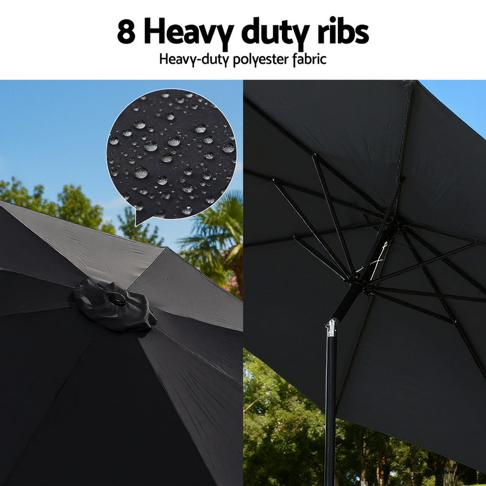 Outdoor Umbrella with LED String Lights – 2.9m Black Polyester Canopy, Tilt & Crank