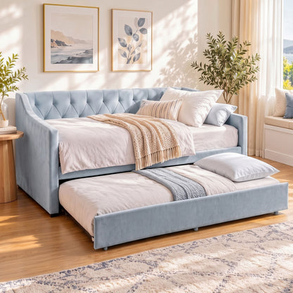 TWSC Single Buttonless Tufted Daybed Frame & Trundle, Blue