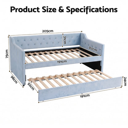 TWSC Single Buttonless Tufted Daybed Frame & Trundle, Blue