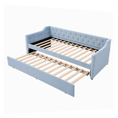 TWSC Single Buttonless Tufted Daybed Frame & Trundle, Blue
