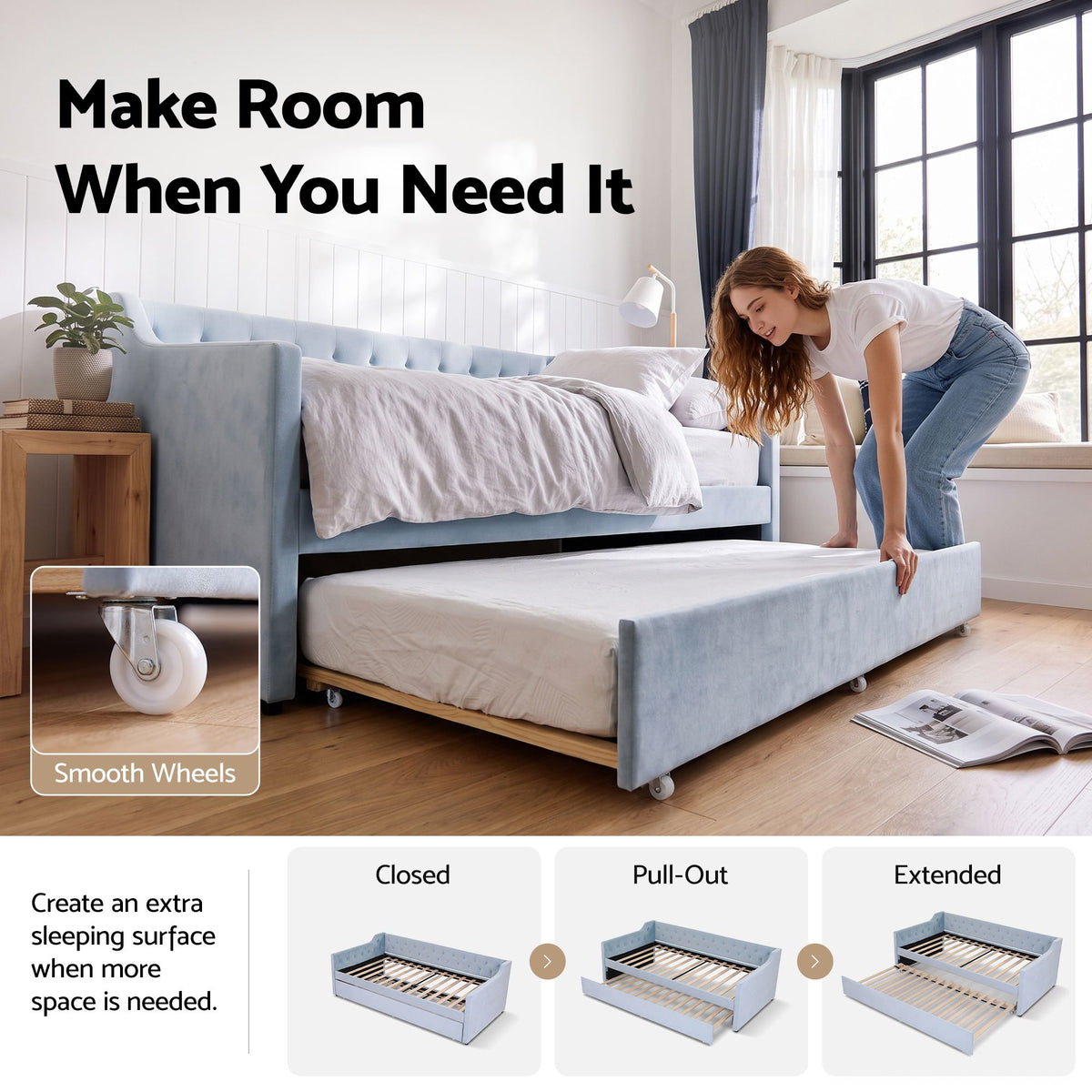 TWSC Single Buttonless Tufted Daybed Frame & Trundle, Blue