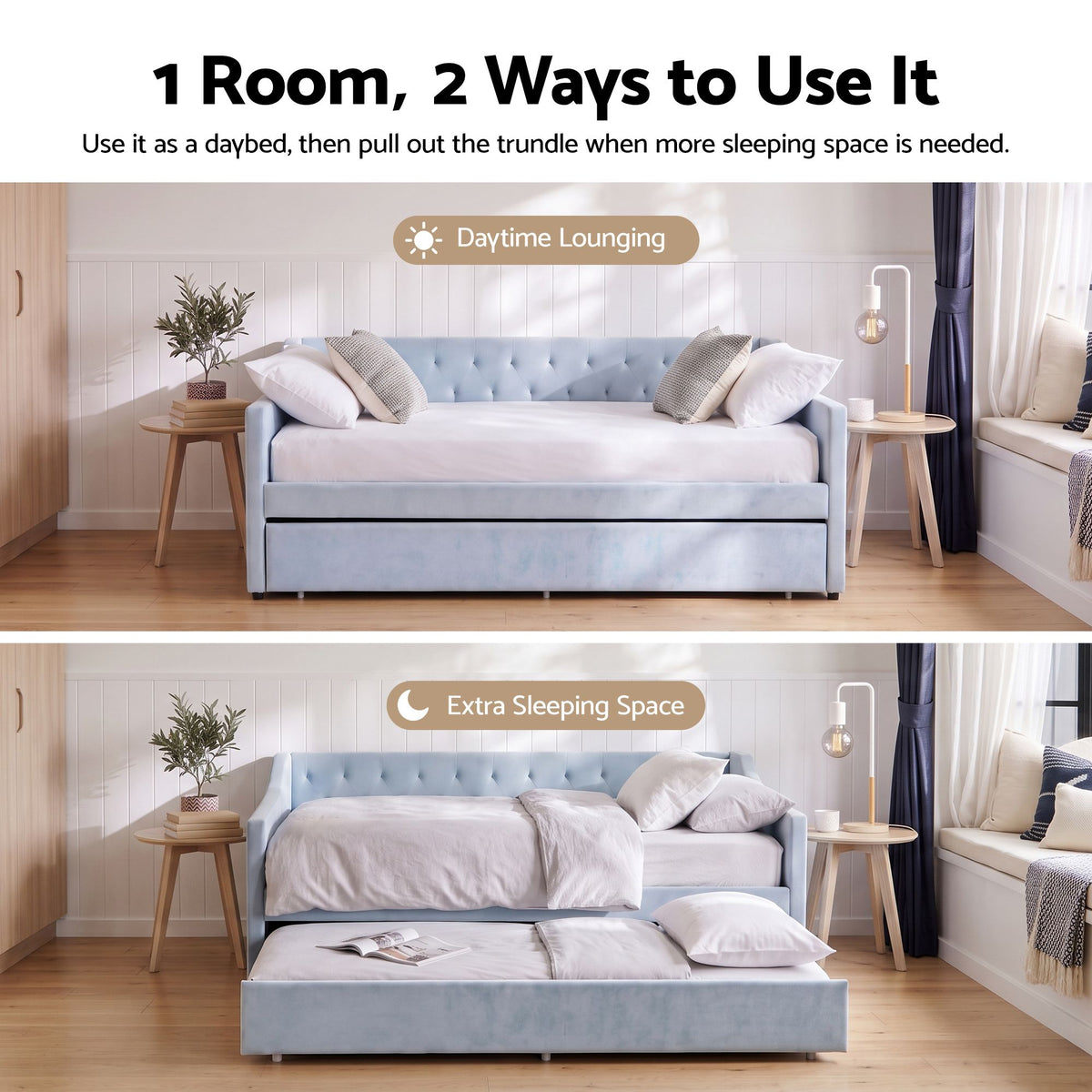 TWSC Single Buttonless Tufted Daybed Frame & Trundle, Blue