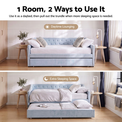TWSC Single Buttonless Tufted Daybed Frame & Trundle, Blue