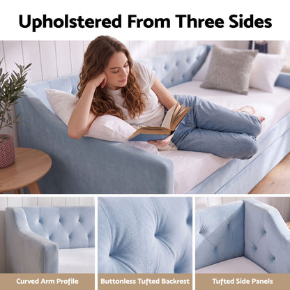 TWSC Single Buttonless Tufted Daybed Frame & Trundle, Blue