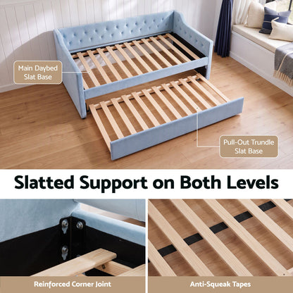 TWSC Single Buttonless Tufted Daybed Frame & Trundle, Blue