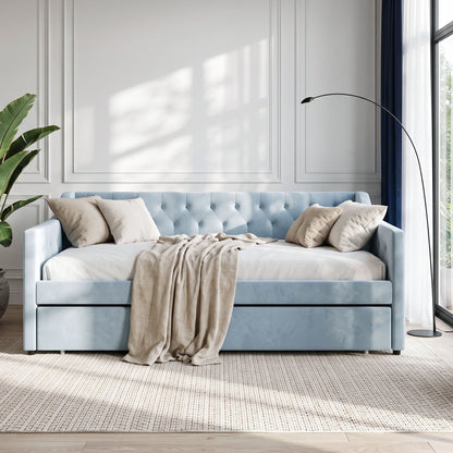 TWSC Single Buttonless Tufted Daybed Frame & Trundle, Blue